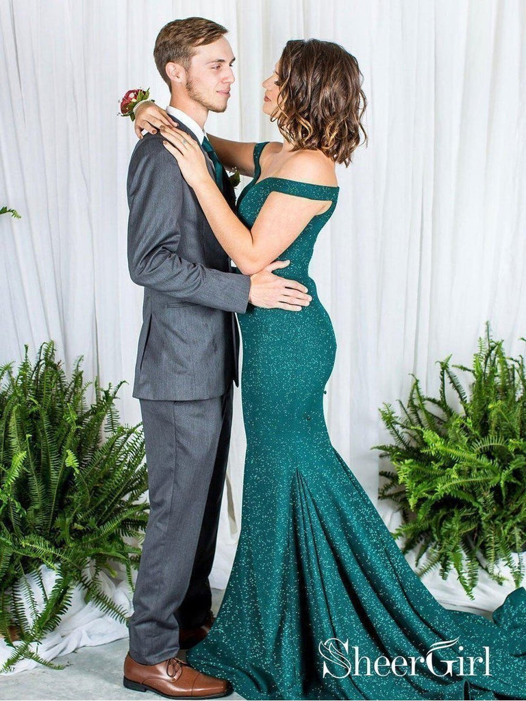 Off the Shoulder Mermaid Prom Dresses Dart Green Sexy Formal Dresses APD3456-SheerGirl