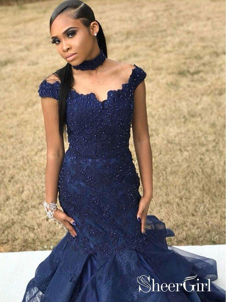 Princess Embellished Long Sleeves Navy Blue Prom Dresses Ball Gown Wed –  Siaoryne