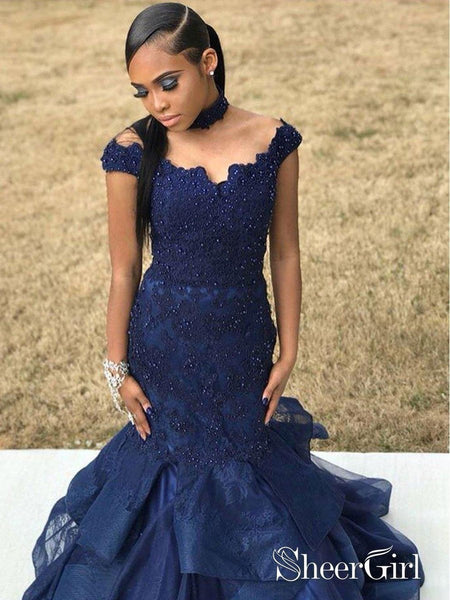 Off the Shoulder Mermaid Prom Dresses Navy Blue Beaded Lace Chic Choker Prom Dress APD3368 Off the Shoulder Mermaid Prom Dresses Navy Blue Beaded Lace