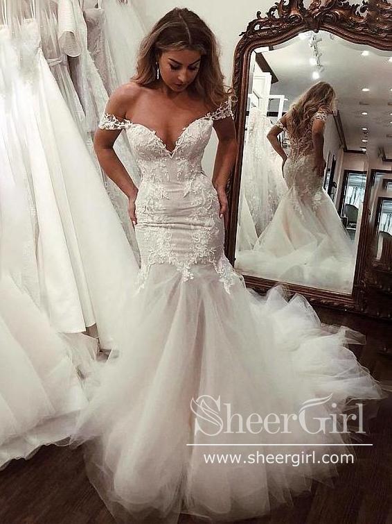 Off the Shoulder Mermaid Wedding Dresses Vintage Cheap Bridal Gown AWD1500-SheerGirl