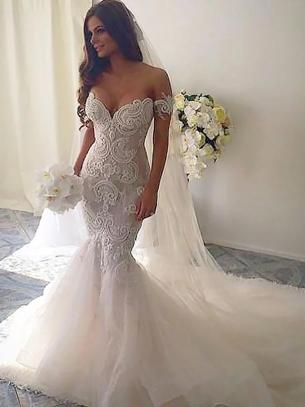 Off the Shoulder Mermaid Wedding Dresses Vintage Lace Wedding Dresses AWD1079-SheerGirl