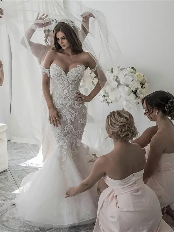Off the Shoulder Mermaid Wedding Dresses Vintage Lace Wedding Dresses AWD1079-SheerGirl
