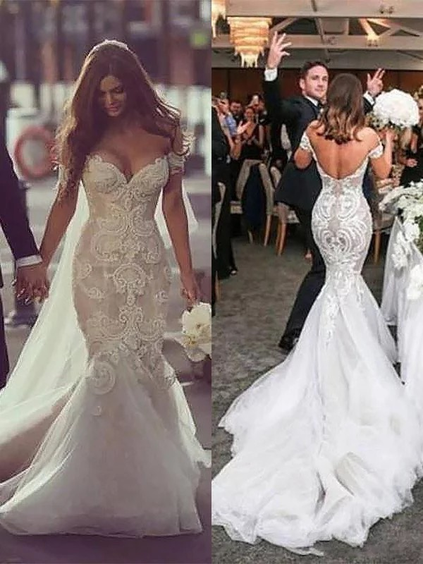 Off the Shoulder Mermaid Wedding Dresses Vintage Lace Wedding Dresses AWD1079-SheerGirl