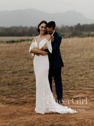 Off the Shoulder Mermaid Wedding Gown With V Neck Gorgeous Lace Wedding Dress AWD1810-SheerGirl