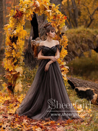Off the Shoulder Non-traditional Black Wedding Dresses Simple Long Prom Dress AWD1354-SheerGirl