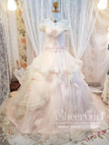 Off the Shoulder Pleated Bodice Layered Pink Ball Gown Wedding Dress AWD1940-SheerGirl