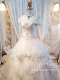 Off the Shoulder Pleated Bodice Layered Pink Ball Gown Wedding Dress AWD1940-SheerGirl