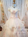 Off the Shoulder Pleated Bodice Layered Pink Ball Gown Wedding Dress AWD1940-SheerGirl