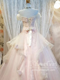 Off the Shoulder Pleated Bodice Layered Pink Ball Gown Wedding Dress AWD1940-SheerGirl
