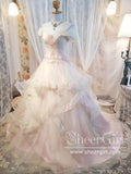 Off the Shoulder Pleated Bodice Layered Pink Ball Gown Wedding Dress AWD1940-SheerGirl