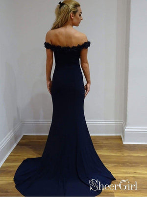 Off the Shoulder Prom Dresses Appliqued Navy Blue Mermaid Formal Evening Dress APD3272-SheerGirl
