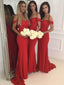 Off the Shoulder Red Chiffon Mermaid Bridesmaid Dress Beaded Formal Dresses PB10117
