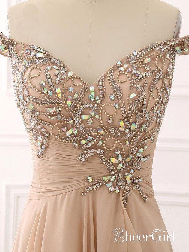 Off the Shoulder Rhinestone Beaded Prom Dresses Elegant Fitted Formal Military Dresses APD3421-SheerGirl