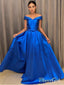 Off the Shoulder Royal Blue Prom Dresses with Belt Long A Line Quinceanera Dresses APD3340