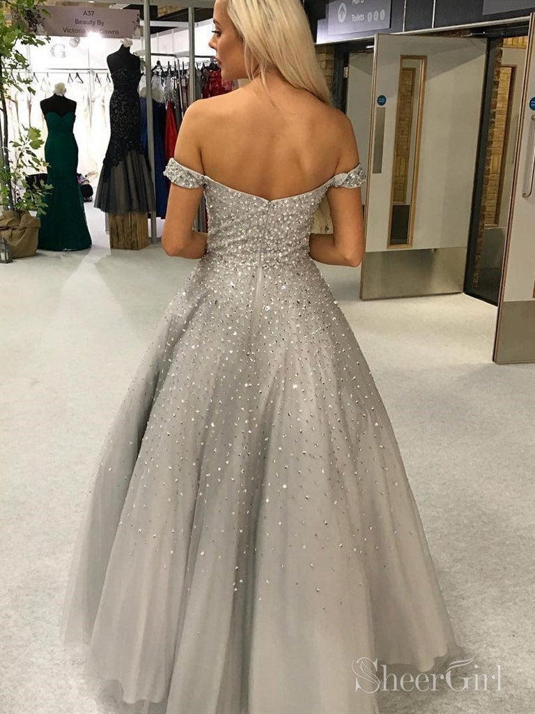 Off the Shoulder Silver Beaded Prom Dresses Shiny Ball Gown ARD2055-SheerGirl