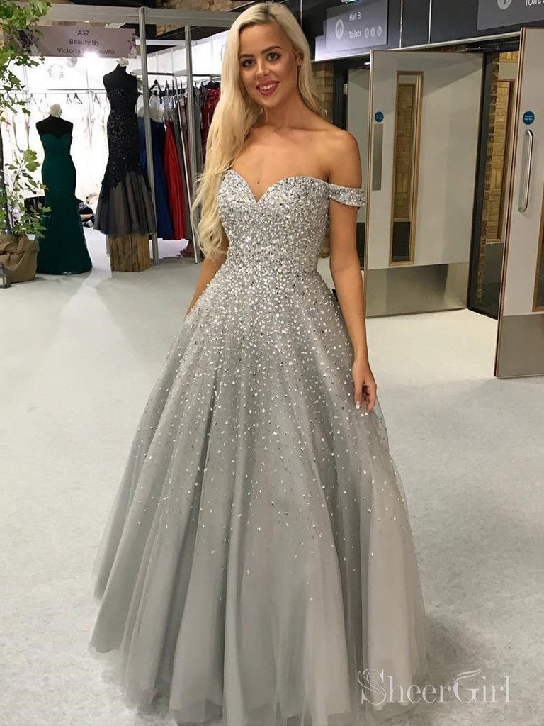 Off the Shoulder Silver Beaded Prom Dresses Shiny Ball Gown ARD2055-SheerGirl