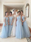 Off the Shoulder Sky Blue Appliqued Tulle Mismatched Bridesmaid Dresses ARD1690