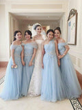 Off the Shoulder Sky Blue Appliqued Tulle Mismatched Bridesmaid Dresses ARD1690-SheerGirl
