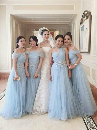 Off the Shoulder Sky Blue Appliqued Tulle Mismatched Bridesmaid Dresses ARD1690-SheerGirl