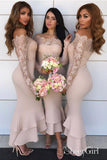 Off the Shoulder Tea Length Nude Bridesmaid Dresses with Lace Sleeve APD3333-SheerGirl