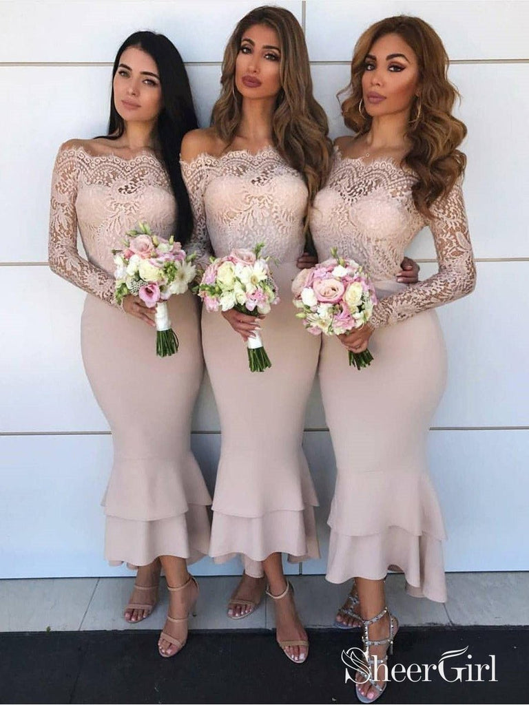 Off the Shoulder Tea Length Nude Bridesmaid Dresses with Lace Sleeve APD3333-SheerGirl
