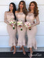 Off the Shoulder Tea Length Nude Bridesmaid Dresses with Lace Sleeve APD3333