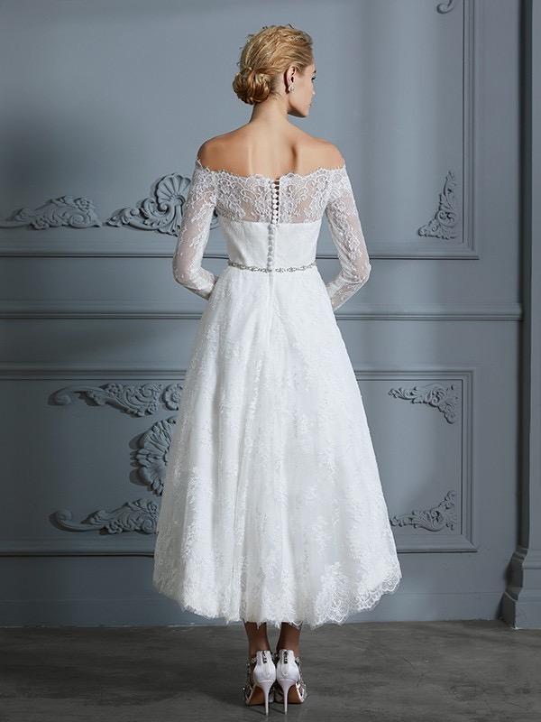 Off the Shoulder Tea Length Wedding Dresses Lace High Low Wedding Dress AWD1074-SheerGirl