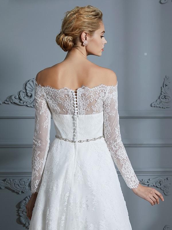 Off the Shoulder Tea Length Wedding Dresses Lace High Low Wedding Dress AWD1074 Off the Shoulder Tea Length Wedding Dresses Lace High Low Wedding Dress AWD1074