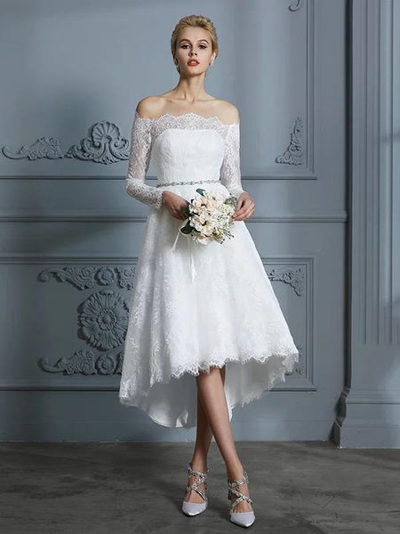 Off The Shoulder Tea Length Wedding Dresses Lace High Low Wedding Dress AWD1074