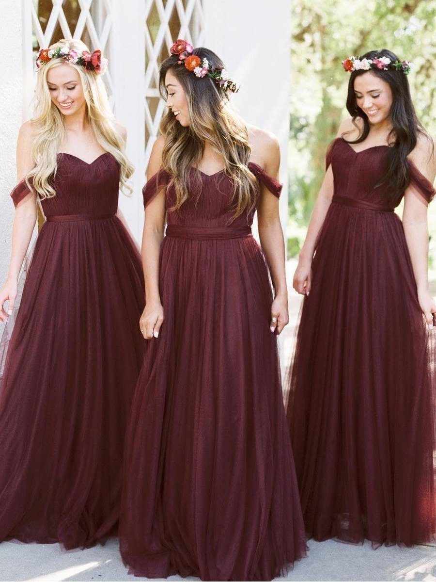 Off the Shoulder Tulle Blush Pink Bridesmaid Dresses Maroon Bridesmaid Dresses APD3161