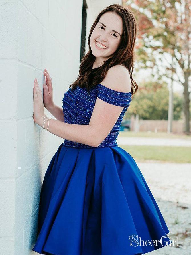 Off the Shoulder Two Piece Hoco Dress Beaded Royal Blue Homecoming Dresses ARD1583 Off the Shoulder Two Piece Hoco Dress Beaded Royal Blue Homecoming Dresses ARD1583
