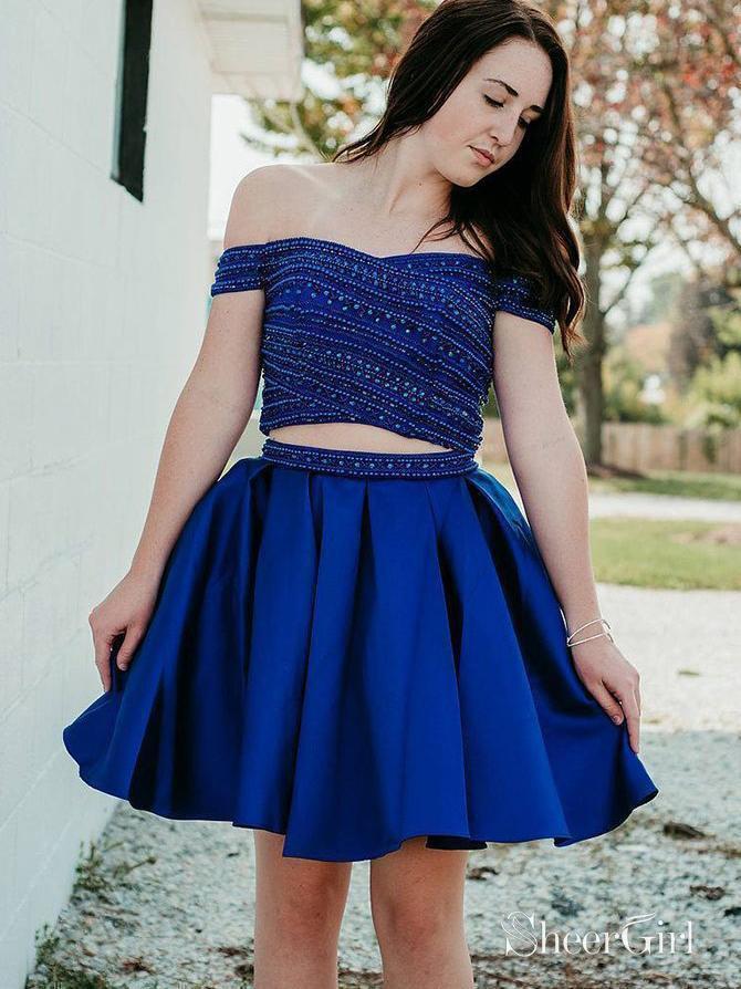 Off the Shoulder Two Piece Hoco Dress Beaded Royal Blue Homecoming Dresses ARD1583 Off the Shoulder Two Piece Hoco Dress Beaded Royal Blue Homecoming Dresses ARD1583