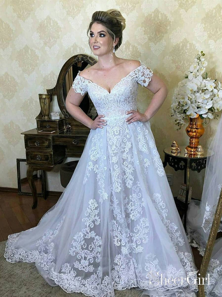 Off the Shoulder Vintage Lace Wedding Dresses with Court Train AWD1434 ...