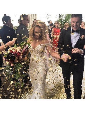 Off the Shoulder Vintage Mermaid Wedding Dresses Lace Applique Retro Wedding Dress AWD1254-SheerGirl