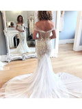 Off the Shoulder Vintage Mermaid Wedding Dresses Lace Applique Retro Wedding Dress AWD1254-SheerGirl
