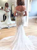 Off the Shoulder Vintage Mermaid Wedding Dresses Lace Applique Retro Wedding Dress AWD1254-SheerGirl