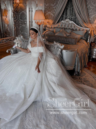 Off the Shoulder Vintage Wedding Dresses Beaded Luxury Wedding Dresses AWD1901-SheerGirl