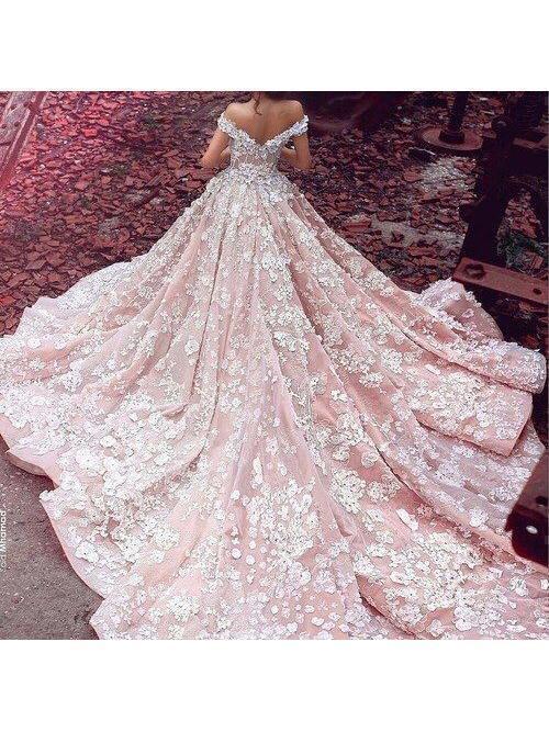 Off the Shoulder Vintage Wedding Dresses Lace Applique Pink Wedding Dresses SheerGirl Off the Shoulder Vintage Wedding Dresses Lace Applique Pink Wedding Dresses SheerGirl