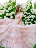 Off the Shoulder Wedding Gown Pleated Layered Tulle Blush Pink Ball Gown Wedding Dress AWD1944-SheerGirl