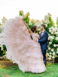 Off the Shoulder Wedding Gown Pleated Layered Tulle Blush Pink Ball Gown Wedding Dress AWD1944-SheerGirl