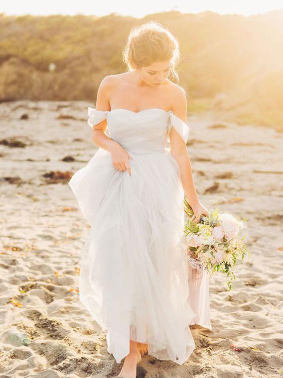 Off the Shoulder White Beach Wedding Dresses Tulle Summer Wedding Dress AWD1127-SheerGirl