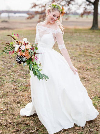 Off the Shoulder White Country Wedding Dresses Half Sleeve Beach Wedding Dress AWD1123-SheerGirl