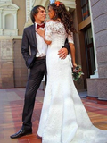 Off the Shoulder White Wedding Dresses Lace Mermaid Wedding Dresses with Sleeves AWD1056-SheerGirl