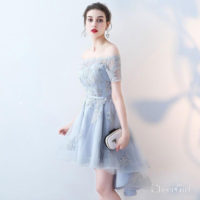 Off The Shoulder Grey Lace Appliqued High Low Homecoming Dresses with Short Sleeves,Apd2666 Off The Shoulder Grey Lace Appliqued High Low Homecoming Dresses with Short Sleeves,Apd2666