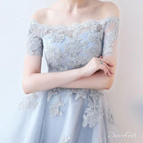 Off the shoulder Grey Lace Appliqued High Low Homecoming Dresses with Short Sleeves,apd2666-SheerGirl
