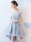 Off the shoulder Grey Lace Appliqued High Low Homecoming Dresses with Short Sleeves,apd2666