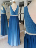 Ombre Blue Simple Prom Dresses Plus Size V Neck Beaded Long Maxi Formal Dresses APD3517-SheerGirl