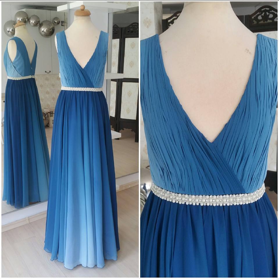 Ombre Blue Simple Prom Dresses Plus Size V Neck Beaded Long Maxi Formal Dresses APD3517-SheerGirl