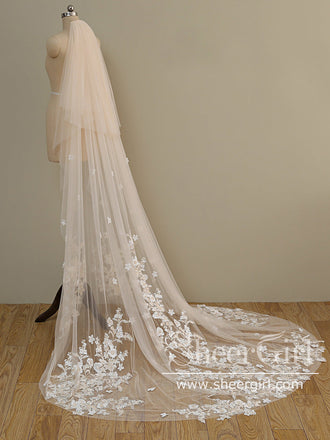 Ombre Champagne Floral Lace Ivory Cathedral Veil with Blusher Bridal Veil Wedding Veil ACC1193-SheerGirl