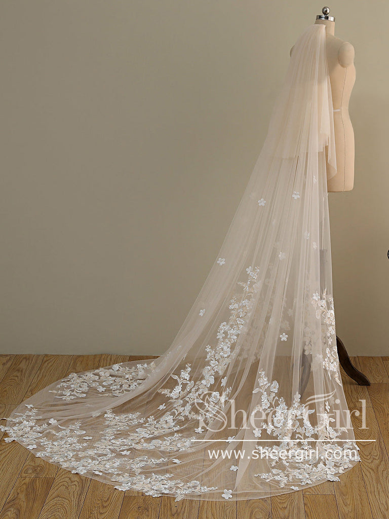 Ombre Champagne Floral Lace Ivory Cathedral Veil with Blusher Bridal Veil Wedding Veil ACC1193-SheerGirl
